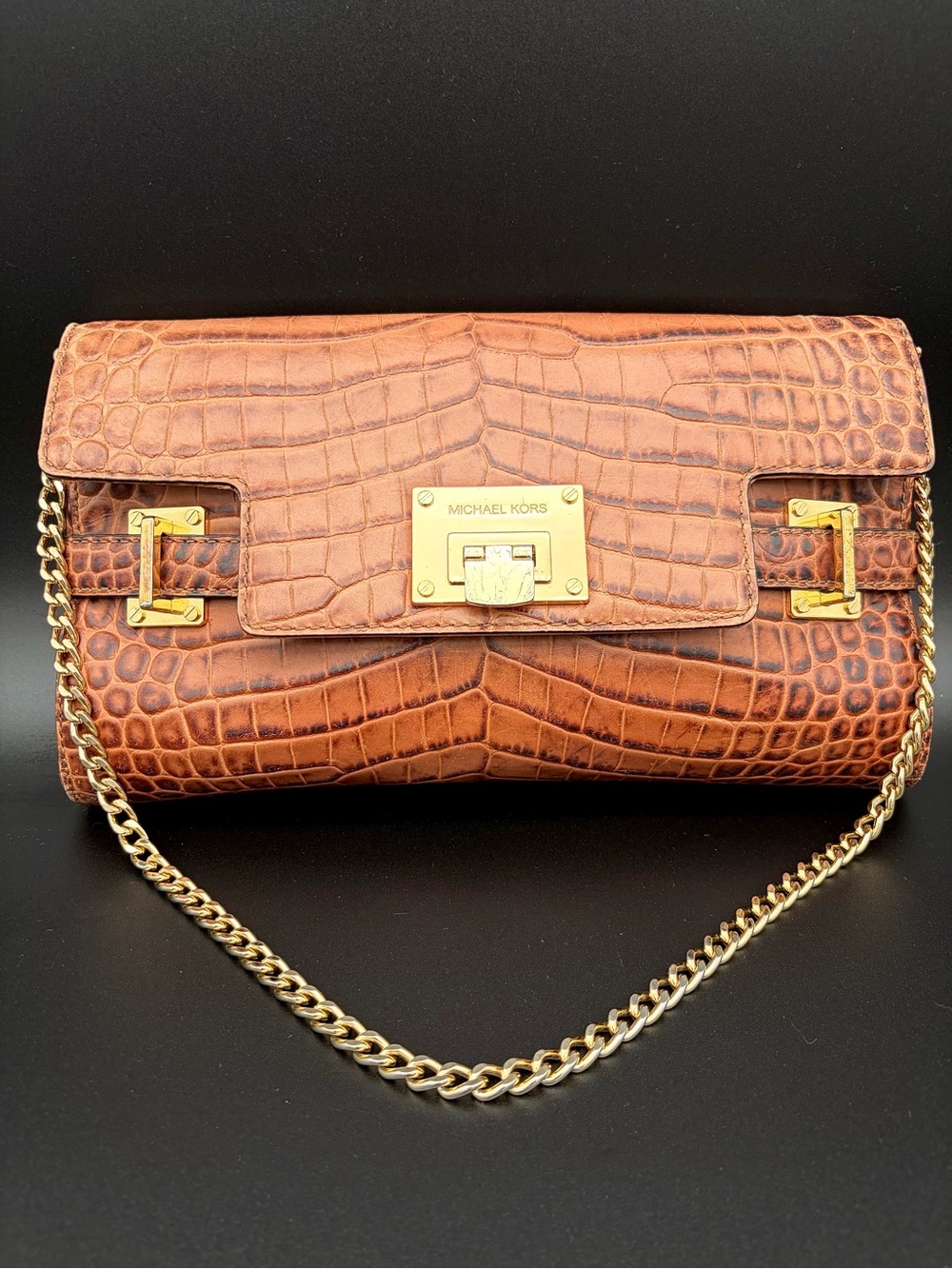 Michael Kors Astrid Croc-Embossed Leather Clutch Shoulder Bag Handbag Purse